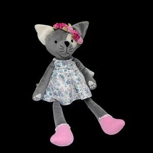 Anthropologie Cat Plush Doll Gray Floral Dress Pink Shoes 18 In Stuffed Animal